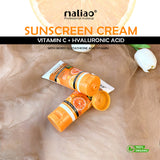 Sunscreen cream tube with 'maliao' branding on a beige fabric background maliao.pk