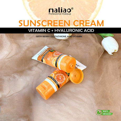 Sunscreen cream tube with 'maliao' branding on a beige fabric background maliao.pk
