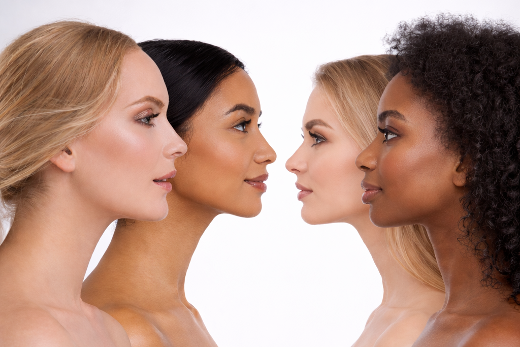 Four women in profile wearing white strapless tops, standing against a light gray studio background.